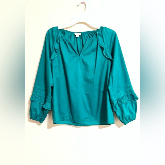 J. Crew Tops - J. Crew Teal Ruffled Peasant Blouse